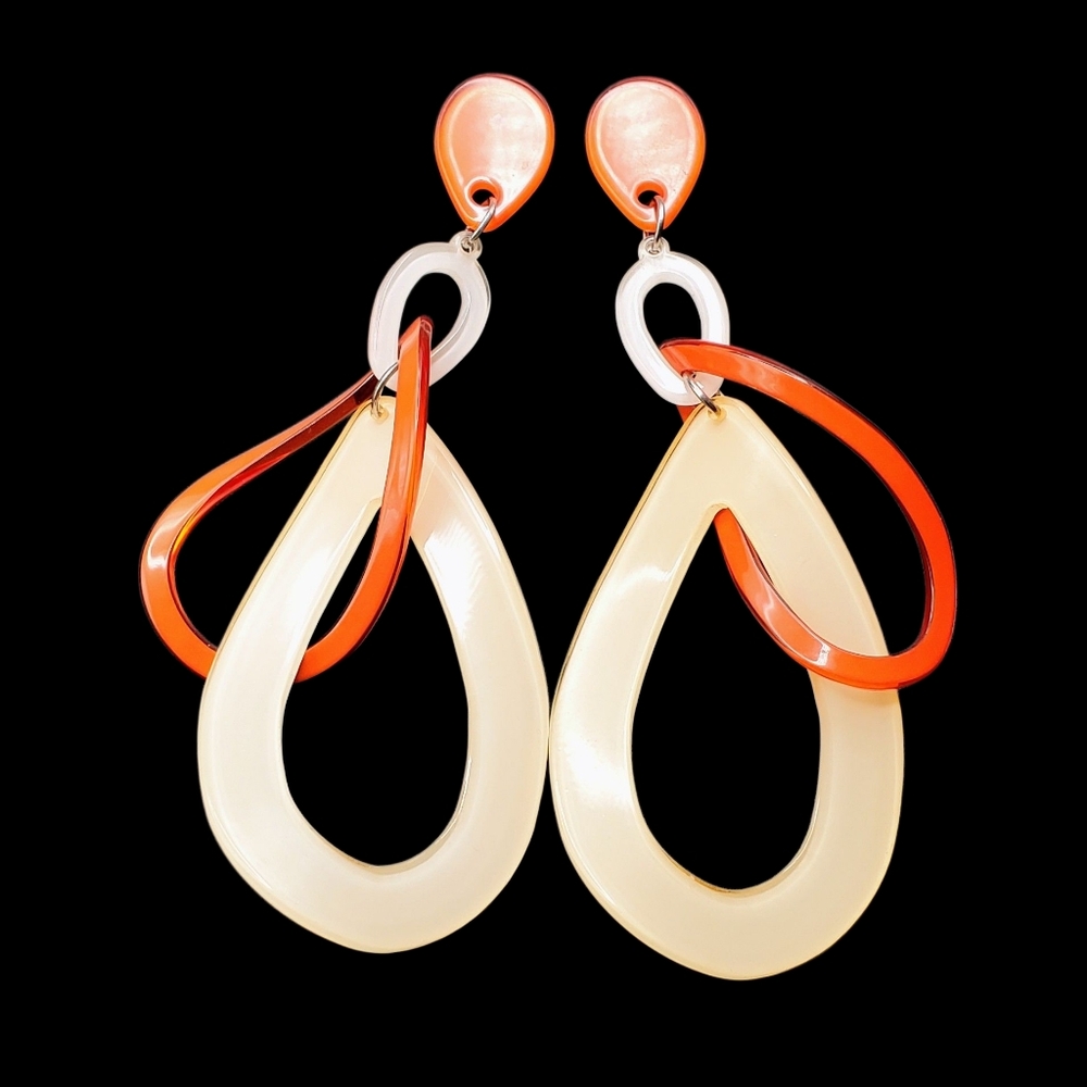 Retro Funky Style Cream and Orange Double Teardrop Acrylic Fashion Earrings